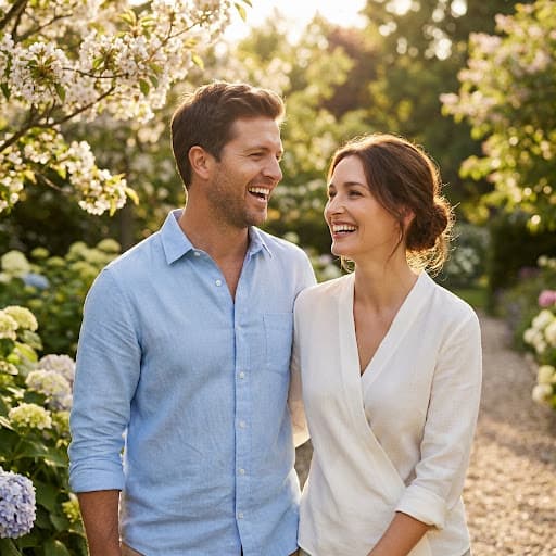 A couple enjoying an outdoor walk together, smiling in natural sunlight