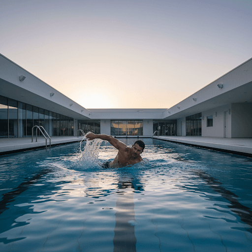 A man swimming laps in an outdoor pool at dawn