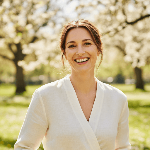 A woman smiling warmly outdoors
